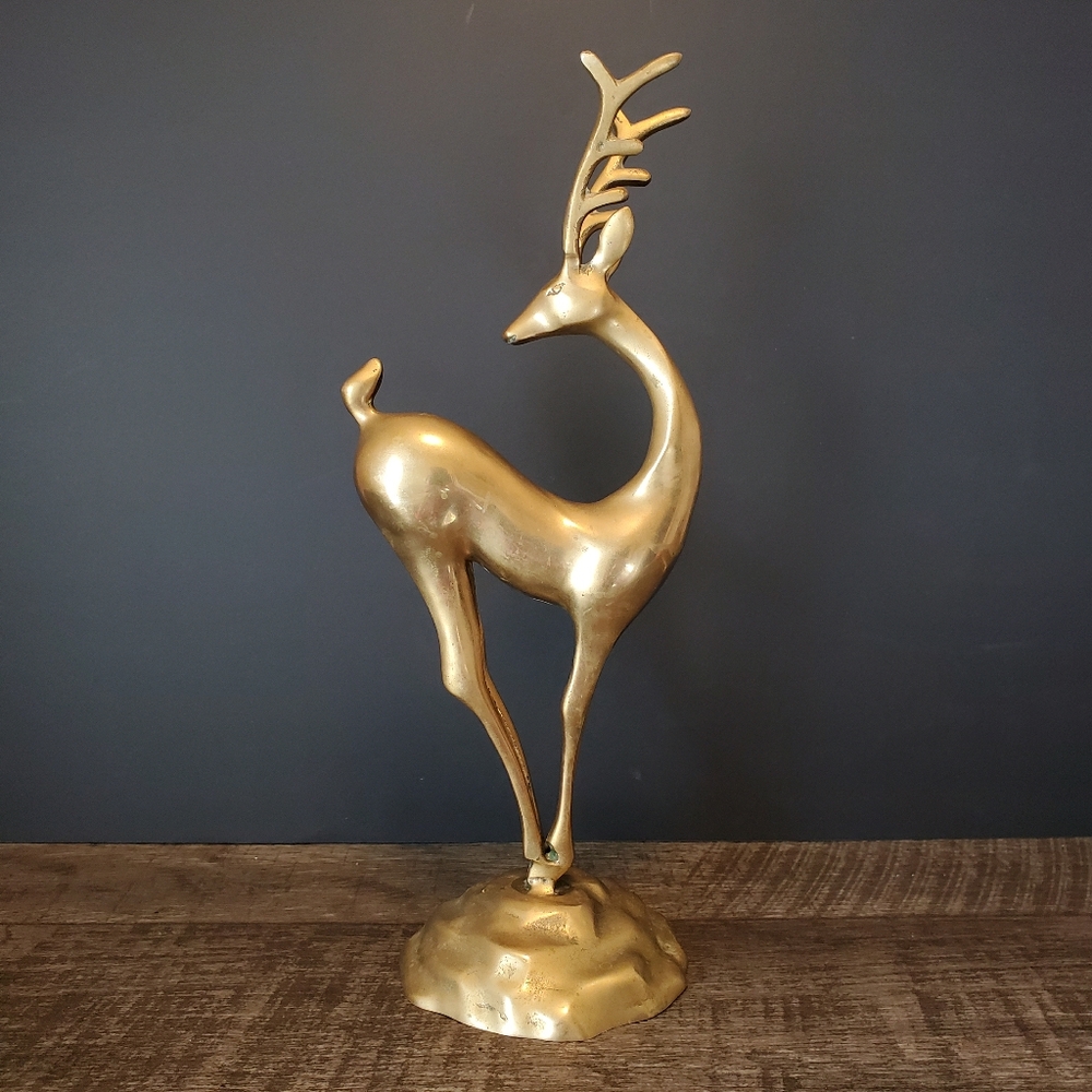 Elegant Brass Gold Deer Sculpture Mid Century Original Patina